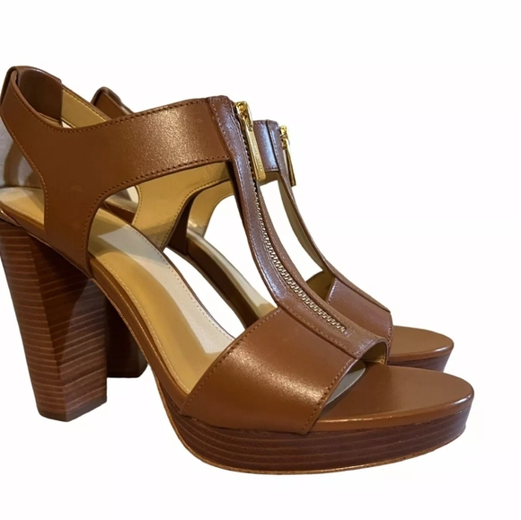 NWOT Michael Kors Brown Leather Zip Front Platform Block Heel Sandals Size 10… - Picture 3 of 5